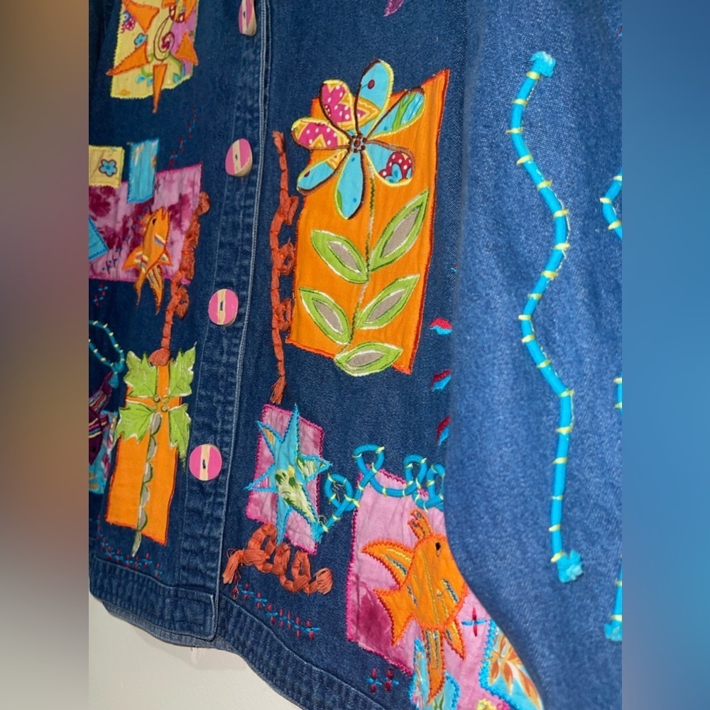 Vintage Artsy Embroidered 3D Popart Denim Jacket - Picture 5 of 16